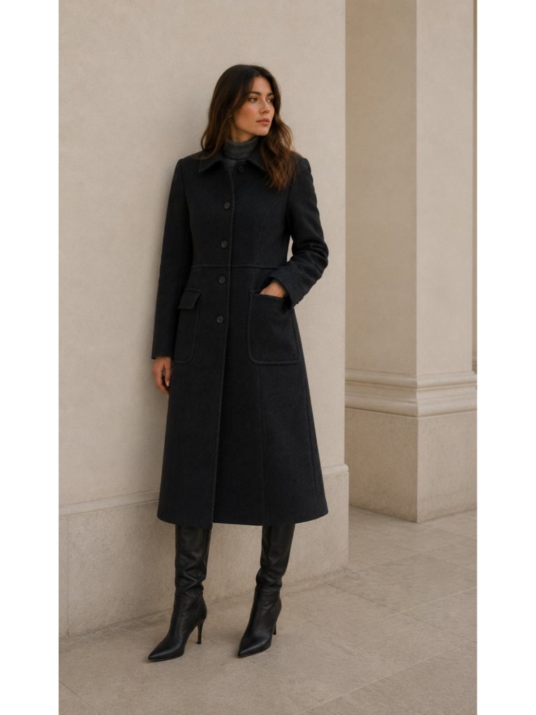 Theory Black Wool Blend Textured Long Coat Women Petite P Double Breasted